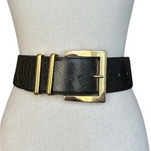 Episode Black Croc Embossed Genuine Italian Leather Wide Belt with Gold Buckle